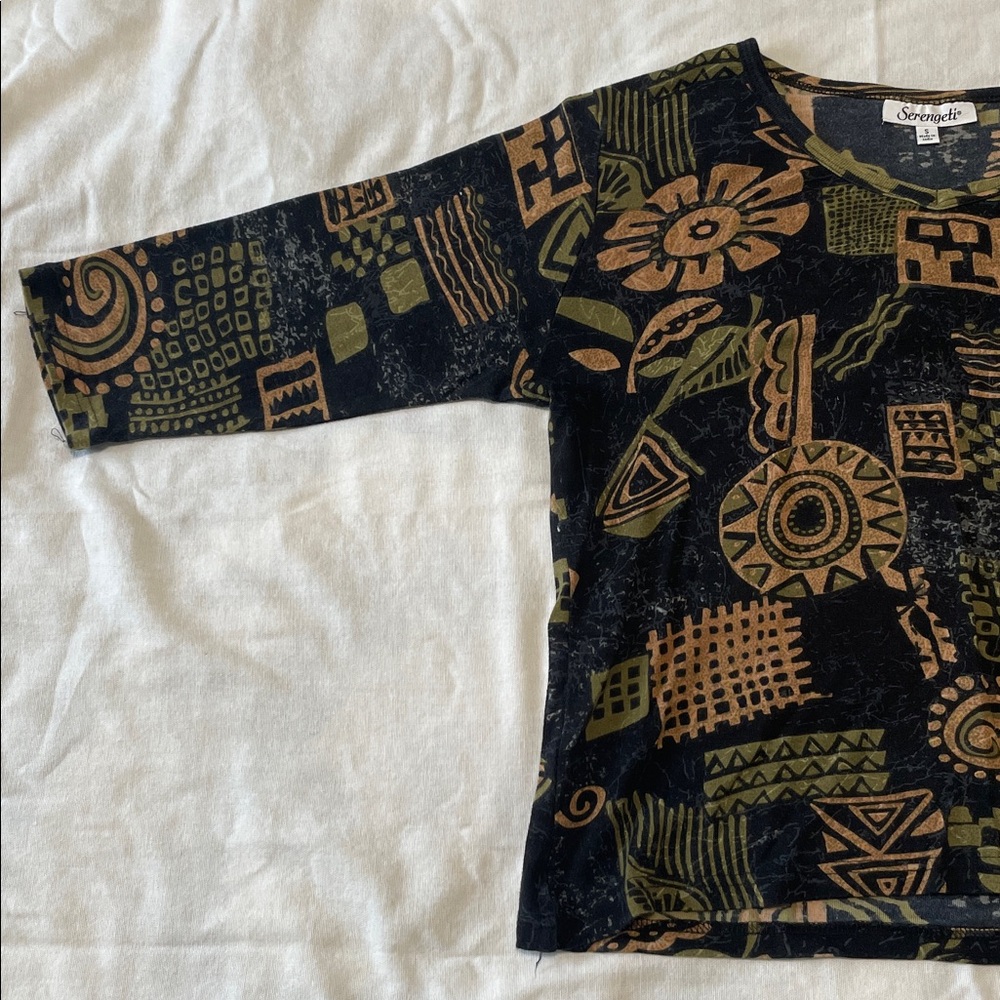 Black with Green and Tan Patterns 3/4 sleeve Shirt - Picture 3 of 4
